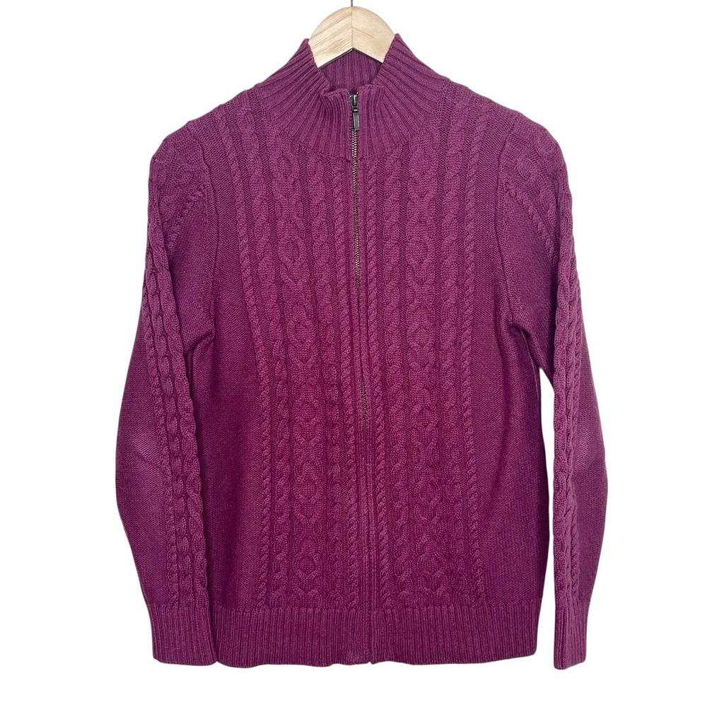 LL Bean Cable Knit Full Zip Cardigan Sweater Dark Pink Womens M Cotton Fisherman